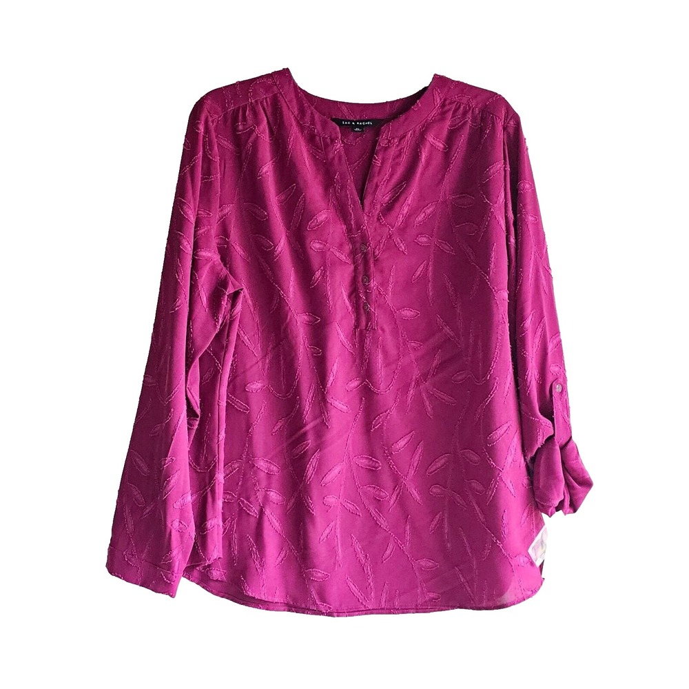 Women's Blouse Top Spiced Berry V Neck 3 Button Pullover Long Roll Tab Sleeves